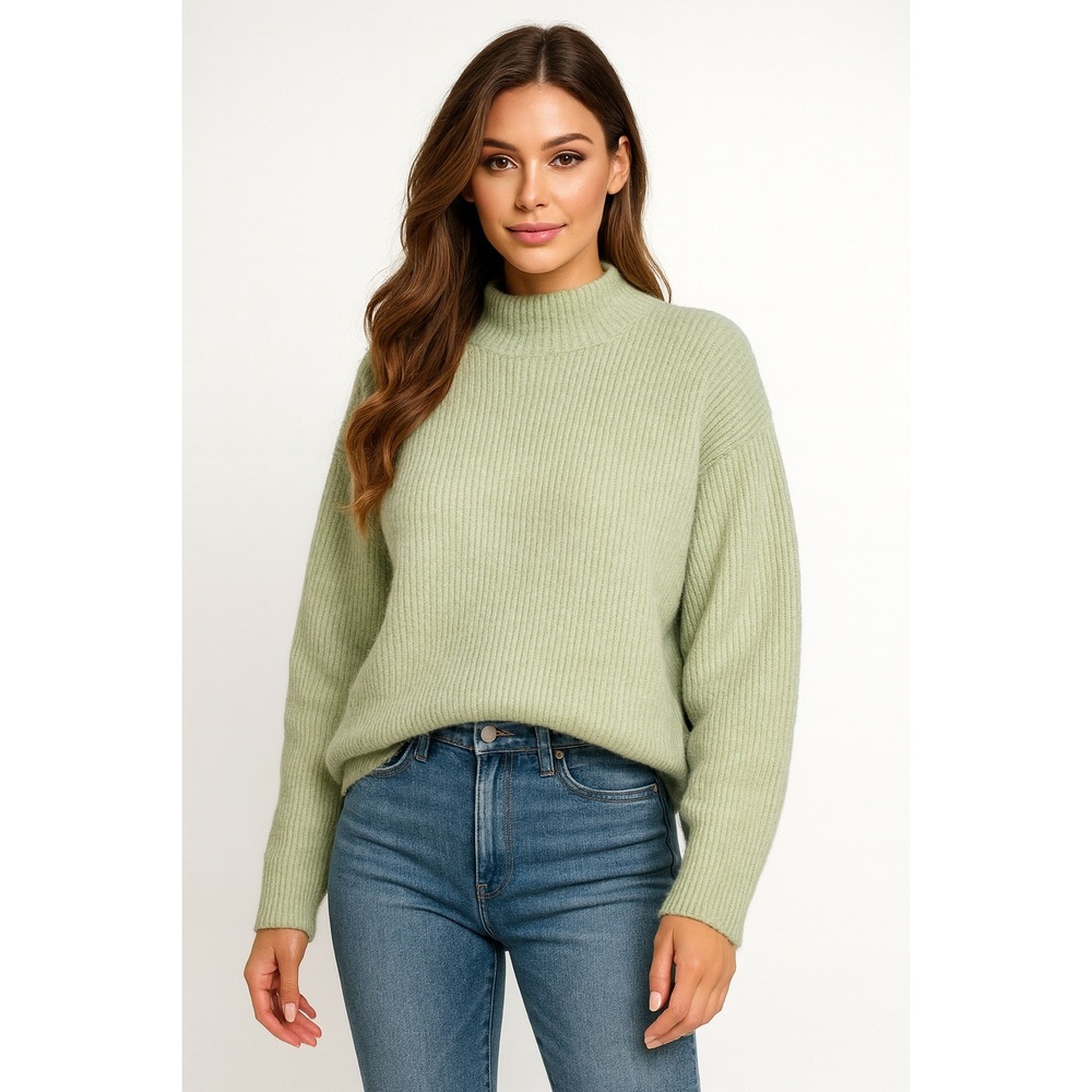 LOFT Sweater Women L Green Cable Knit Ribbed Relaxed Lounge Minimalist Cozy Chic